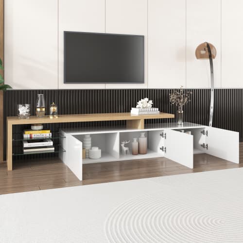 Contemporary TV Stand with LED Lighting, High Gloss White & Wood Effect - image 8