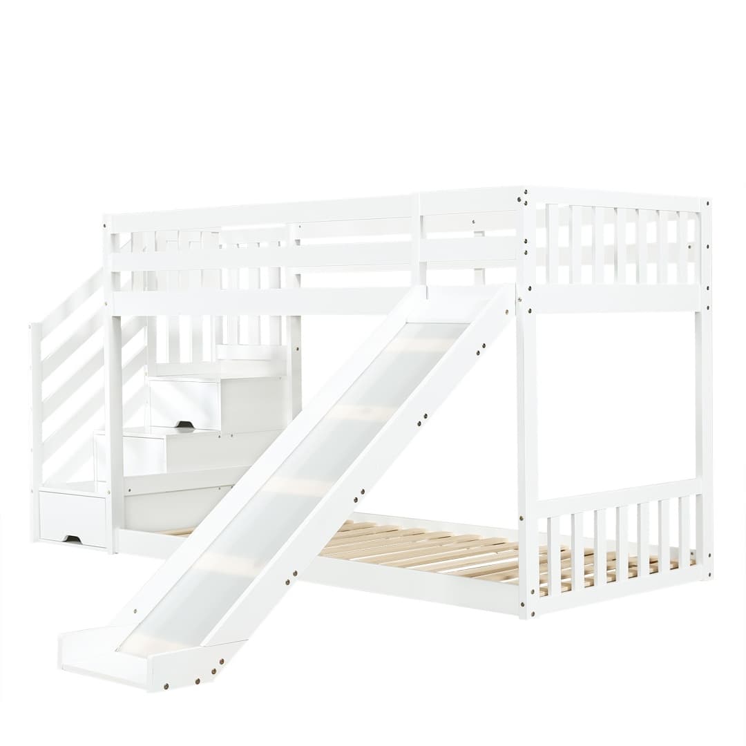 Solid Pine Bunk Bed with Slide and Storage Staircase, White Finish - image 23