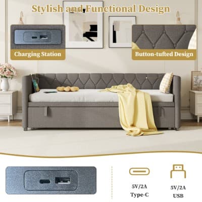 Button-Tufted Day Bed with Pull-Out Trundle and Charging Station - image 3