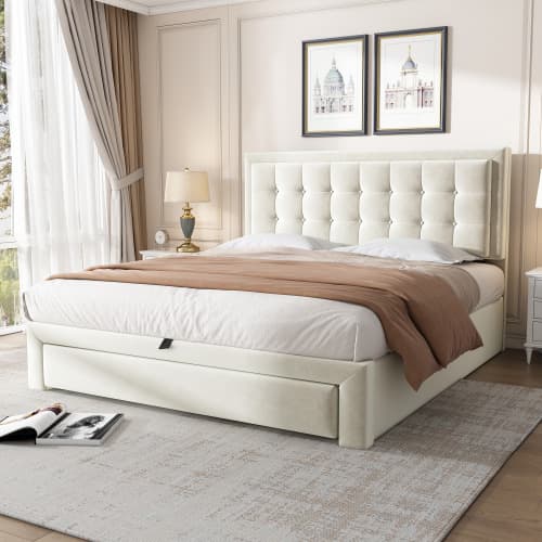 Elegant Cream Velvet Double Bed with Smart Under-Bed Storage - image 5