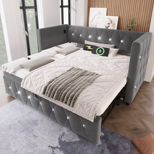 Upholstered Single Day Bed with Pull-Out Trundle and USB Charging - image 9