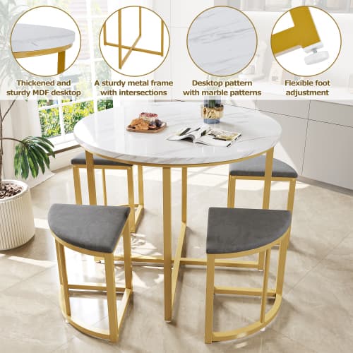 Modern Round Dining Set with Marble Effect Top & 4 Stools - image 30