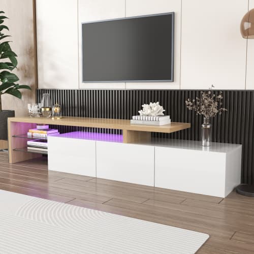 Contemporary TV Stand with LED Lighting, High Gloss White & Wood Effect - image 5