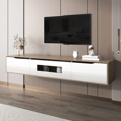 Modern TV Stand with LED Lighting, 180cm, High Gloss White & Wood Effect - image 6