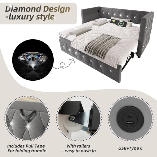 Upholstered Single Day Bed with Pull-Out Trundle and USB Charging - image 22