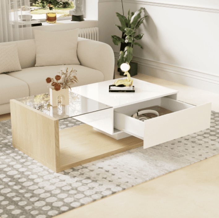 Modern Coffee Table with LED Lights, White High Gloss & Wood Finish - image 3