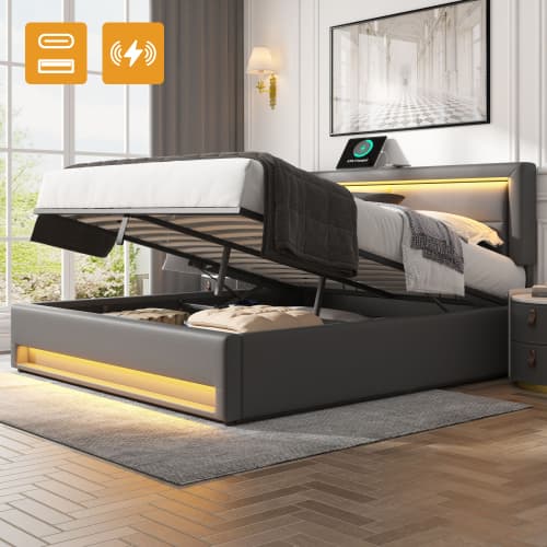 Grey Upholstered Double Bed (4ft6) with Storage, LED Lights & USB Port - image 4
