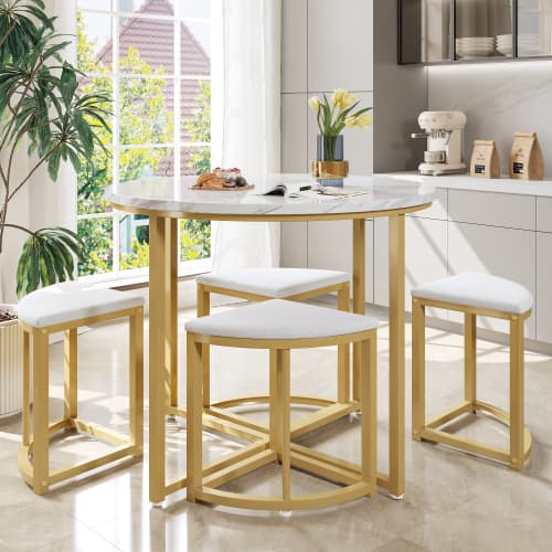 Modern Round Dining Set with Marble Effect Top & 4 Stools - image 7