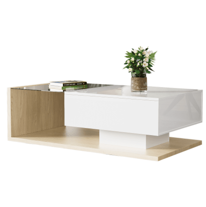 Modern Coffee Table with LED Lights, White High Gloss & Wood Finish - image 2