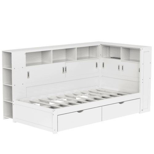 White Single Cabin Bed with Trundle, Storage and USB Ports - image 1