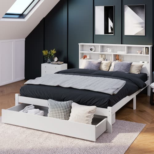 Solid Wood Double Storage Bed with Shelves and Underbed Drawer - image 15