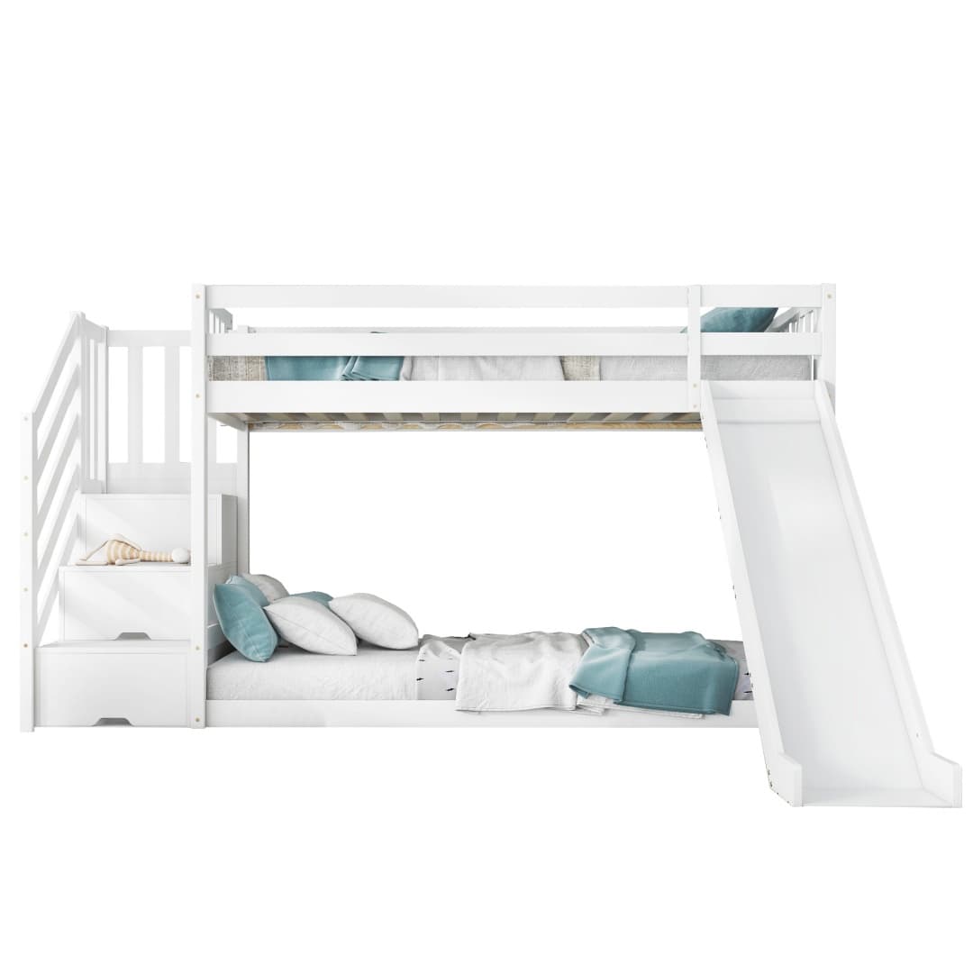 Solid Pine Bunk Bed with Slide and Storage Staircase, White Finish - image 10