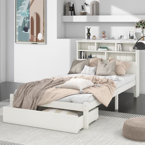 White Wooden Single Bed Frame with Storage Drawer & Shelves - image 3