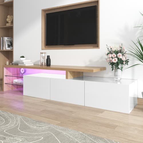 Contemporary TV Stand with LED Lighting, High Gloss White & Wood Effect - image 7