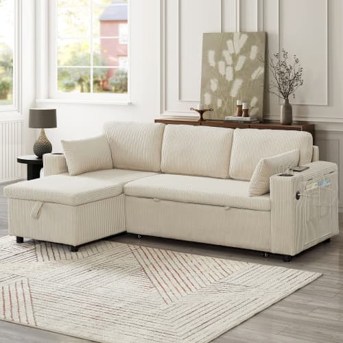 Transform Your Space with this Grey Corduroy Corner Sofa Bed - Beige