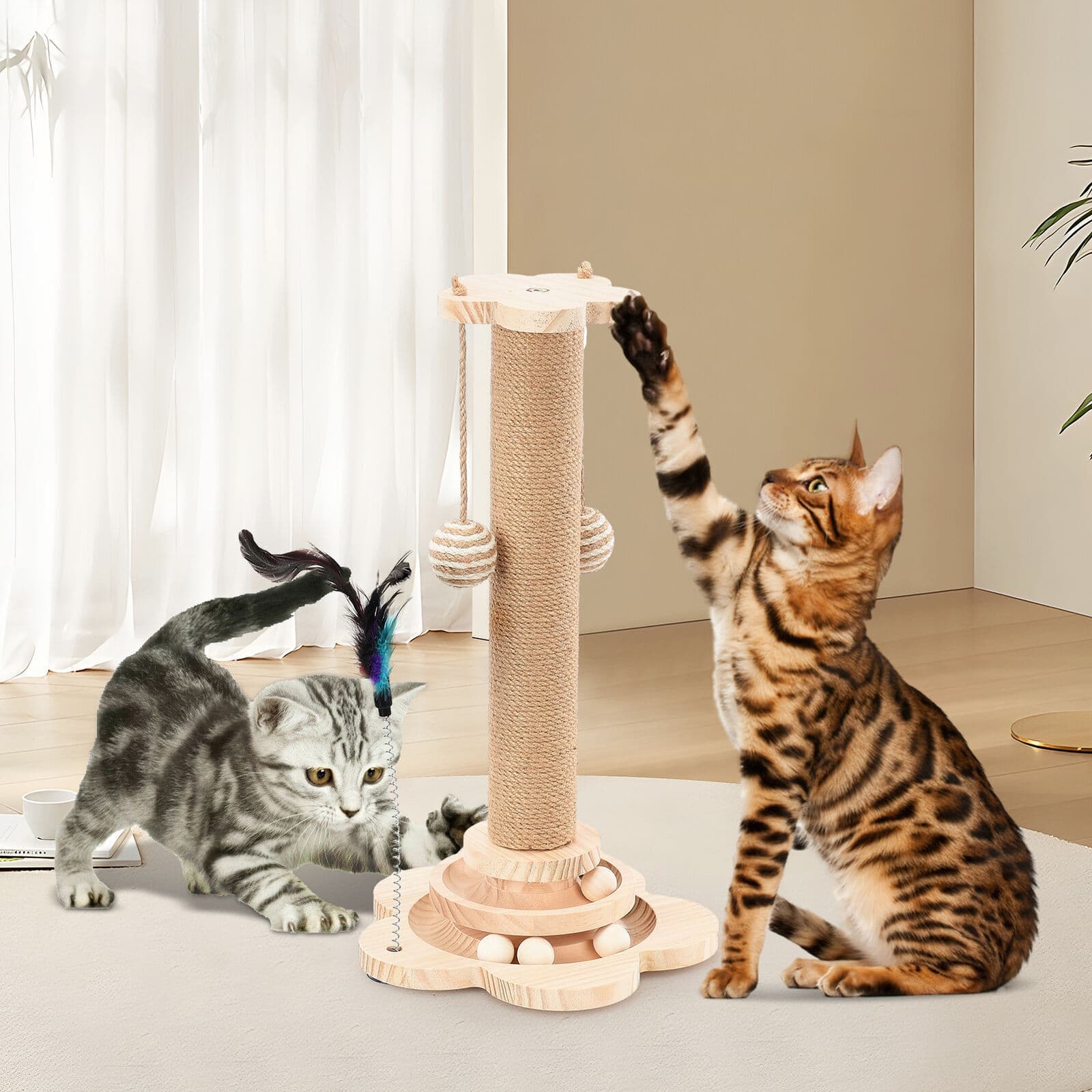 Wooden Cat Activity Centre with Scratching Post and Ball Track - Default