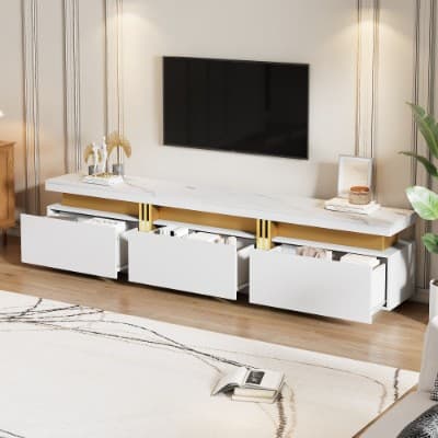 Luxury TV Stand with Faux Marble Top and Gold Panel Design - White
