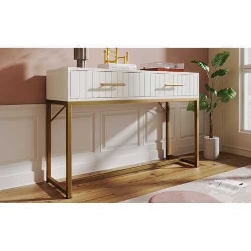White Dressing Table with Ribbed Front & Gold Details - image 9