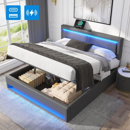 Modern Grey Upholstered King Size Ottoman Bed with LED & USB - Grey