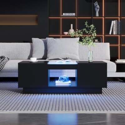 Modern Coffee Table with LED Lighting, 2 Drawers and Glass Top - image 4