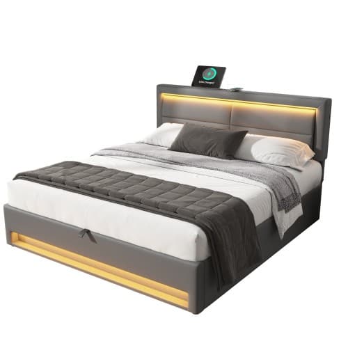 Grey Upholstered Double Bed (4ft6) with Storage, LED Lights & USB Port - image 8