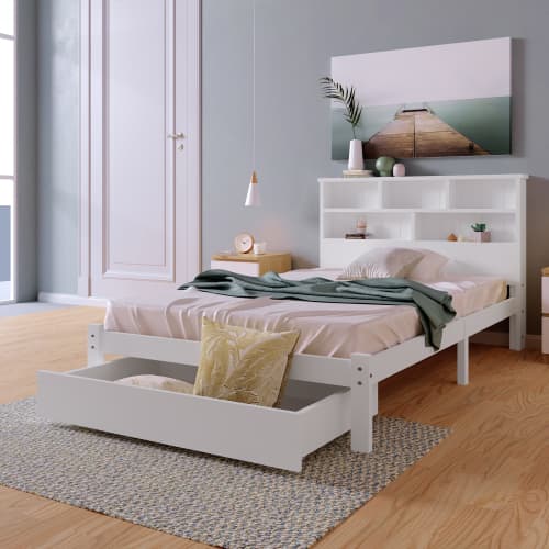 White Wooden Single Bed Frame with Storage Drawer & Shelves - image 1