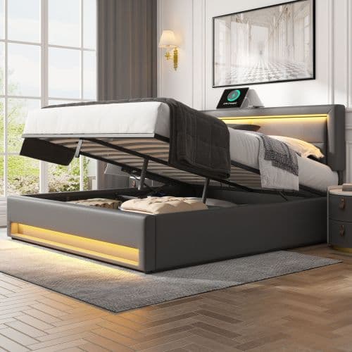 Modern Grey Upholstered King Size Ottoman Bed with LED & USB - image 5
