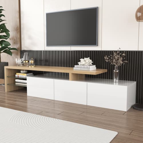 Contemporary TV Stand with LED Lighting, High Gloss White & Wood Effect - image 6