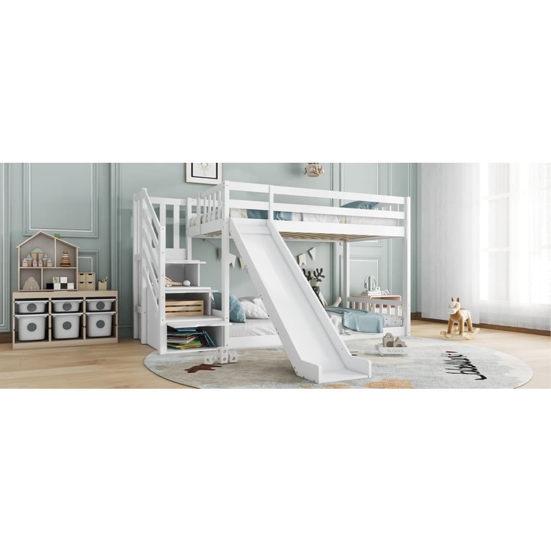 Solid Pine Bunk Bed with Slide and Storage Staircase, White Finish - image 22