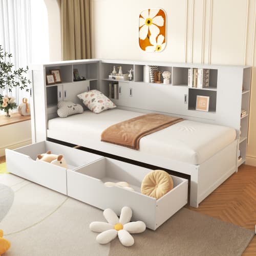 White Single Cabin Bed with Trundle, Storage and USB Ports - image 7