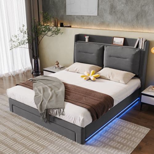 Velvet Upholstered Double Ottoman Bed with Smart Storage & LED - image 23