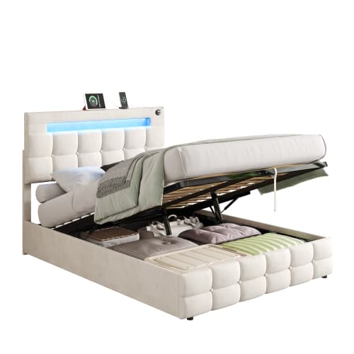 Transform Your Bedroom with Smart Storage & Ambient Lighting - Beige