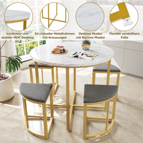 Modern Round Dining Set with Marble Effect Top & 4 Stools - GreyWhite