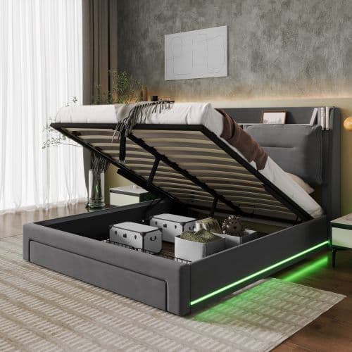 Velvet Upholstered Double Ottoman Bed with Smart Storage & LED - image 17