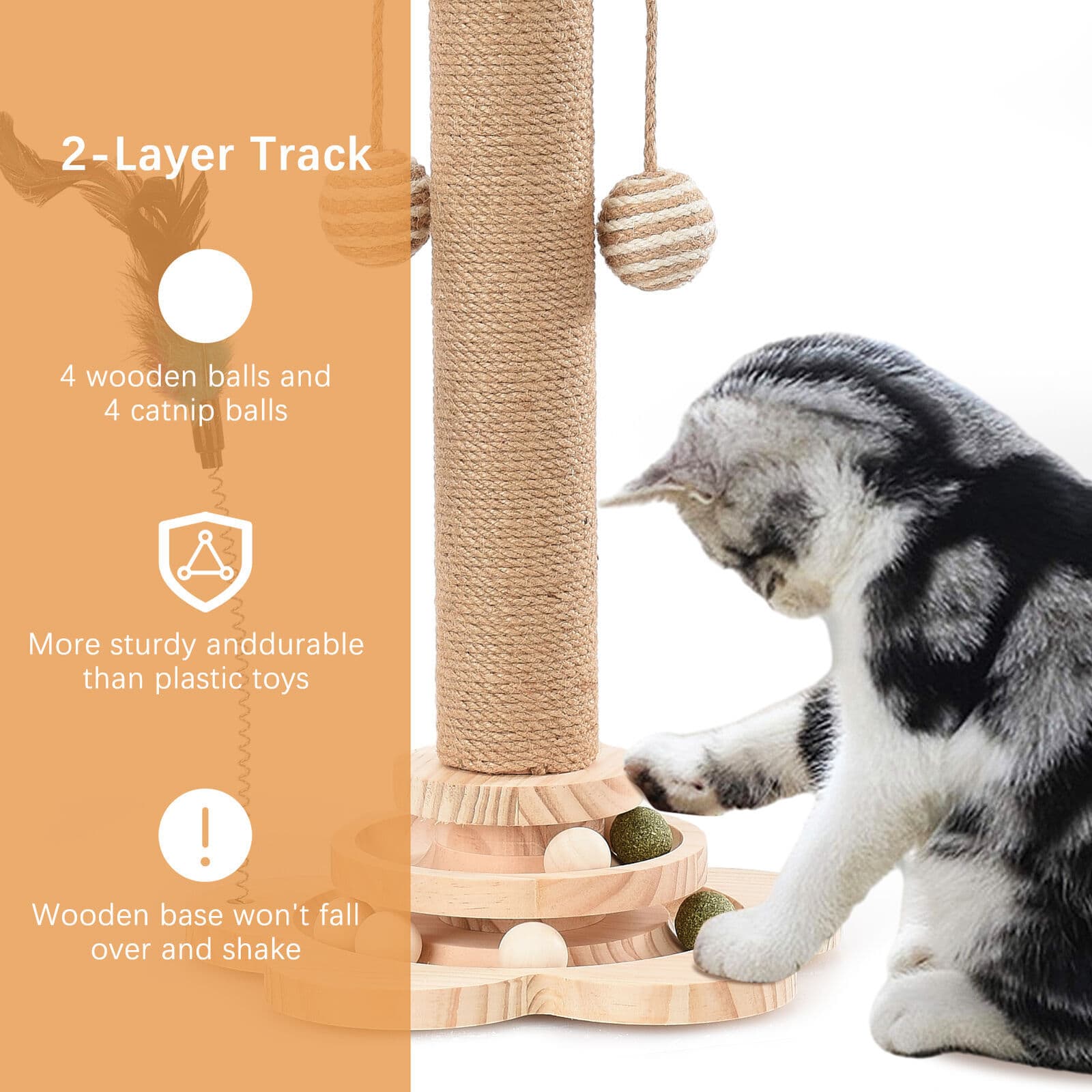 Wooden Cat Activity Centre with Scratching Post and Ball Track - image 4