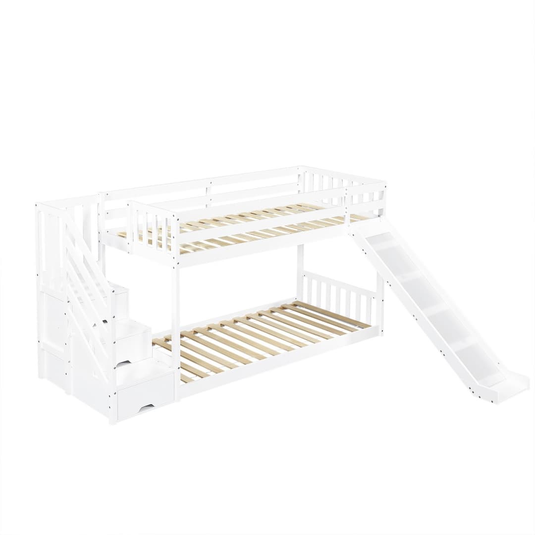 Solid Pine Bunk Bed with Slide and Storage Staircase, White Finish - image 5