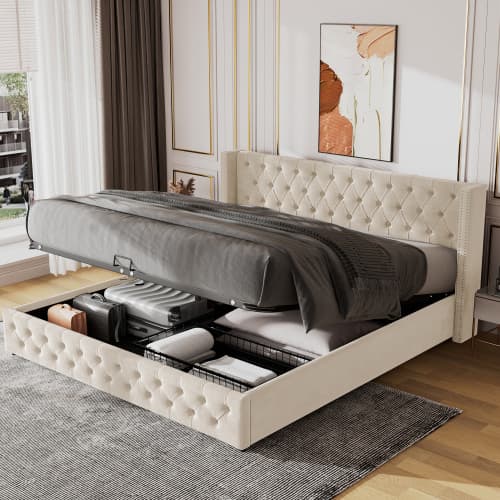 Upholstered King Size Ottoman Bed in Beige Velvet - image 6
