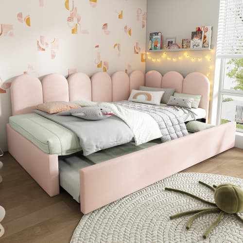 Upholstered Daybed in Pink Velvet with Pull-Out Guest Bed - image 3