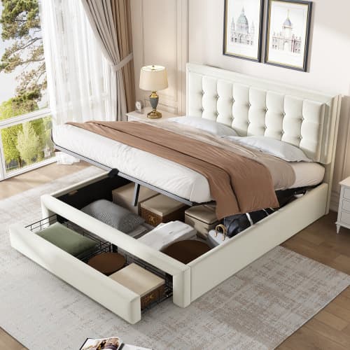 Elegant Cream Velvet Double Bed with Smart Under-Bed Storage