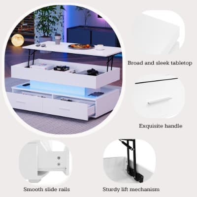 White Lift-Top Coffee Table with LED Lighting and 2 Drawers - image 2