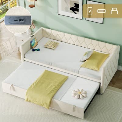 Button-Tufted Day Bed with Pull-Out Trundle and Charging Station - image 11