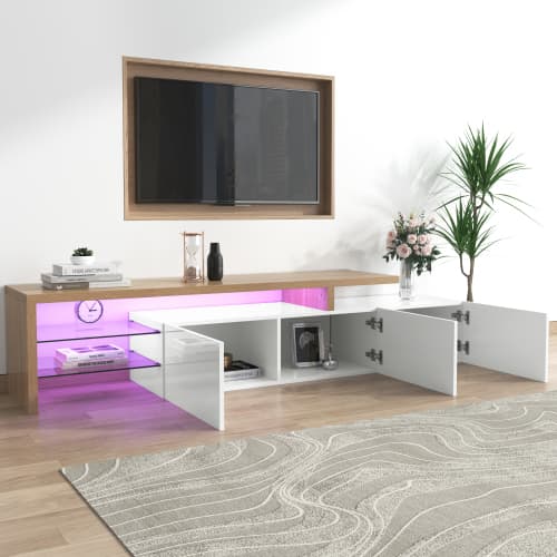 Contemporary TV Stand with LED Lighting, High Gloss White & Wood Effect - image 1