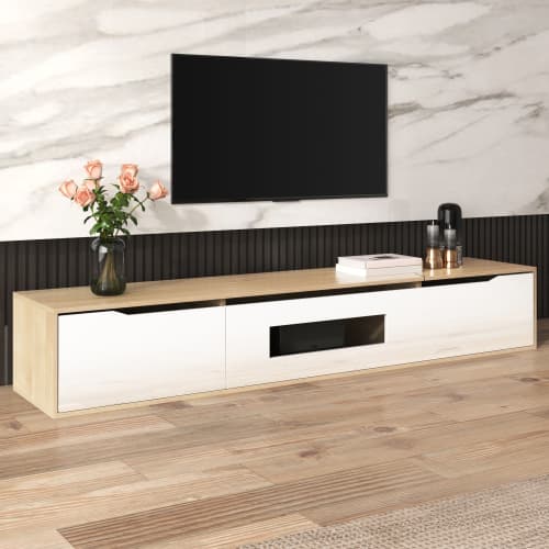 Modern TV Stand with LED Lighting, 180cm, High Gloss White & Wood Effect - image 5