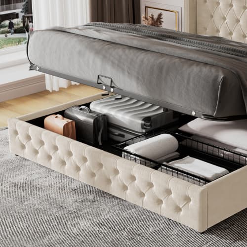 Upholstered King Size Ottoman Bed in Beige Velvet - image 7