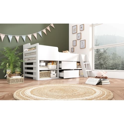 Children's White Mid Sleeper Bed with Drawers & Shelves - image 45