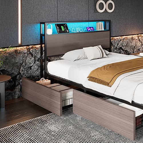 Modern Single Metal Bed with Storage, LED Lights & USB Charging Ports - image 22