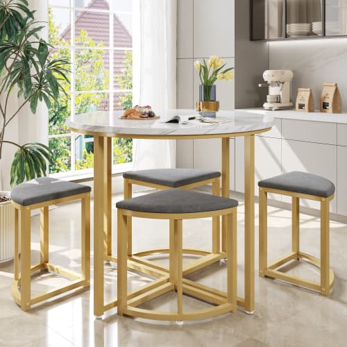 Modern Round Dining Set with Marble Effect Top & 4 Stools - image 1