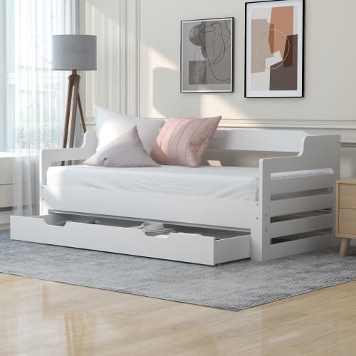 White Solid Wood Day Bed with Pull-Out Trundle and Storage Drawer - image 18
