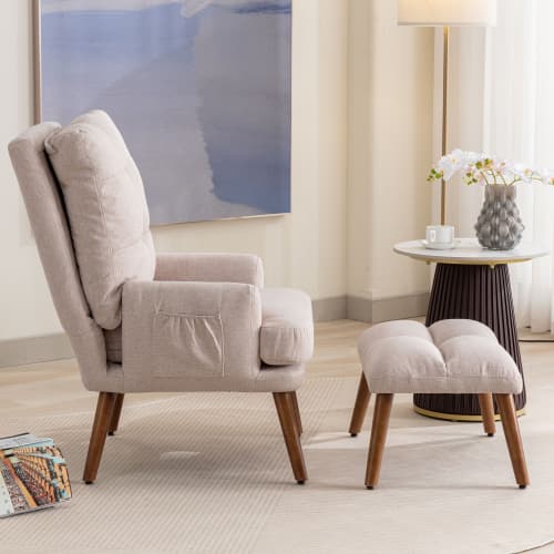 Relaxing Lounge Chair with Footstool and Side Pockets in Beige - image 15