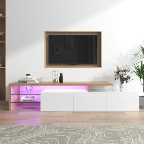 Contemporary TV Stand with LED Lighting, High Gloss White & Wood Effect